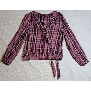 NWT a.n.a A New Approach Plaid Ruffled Tie Waist Ling Sleeve Shirt